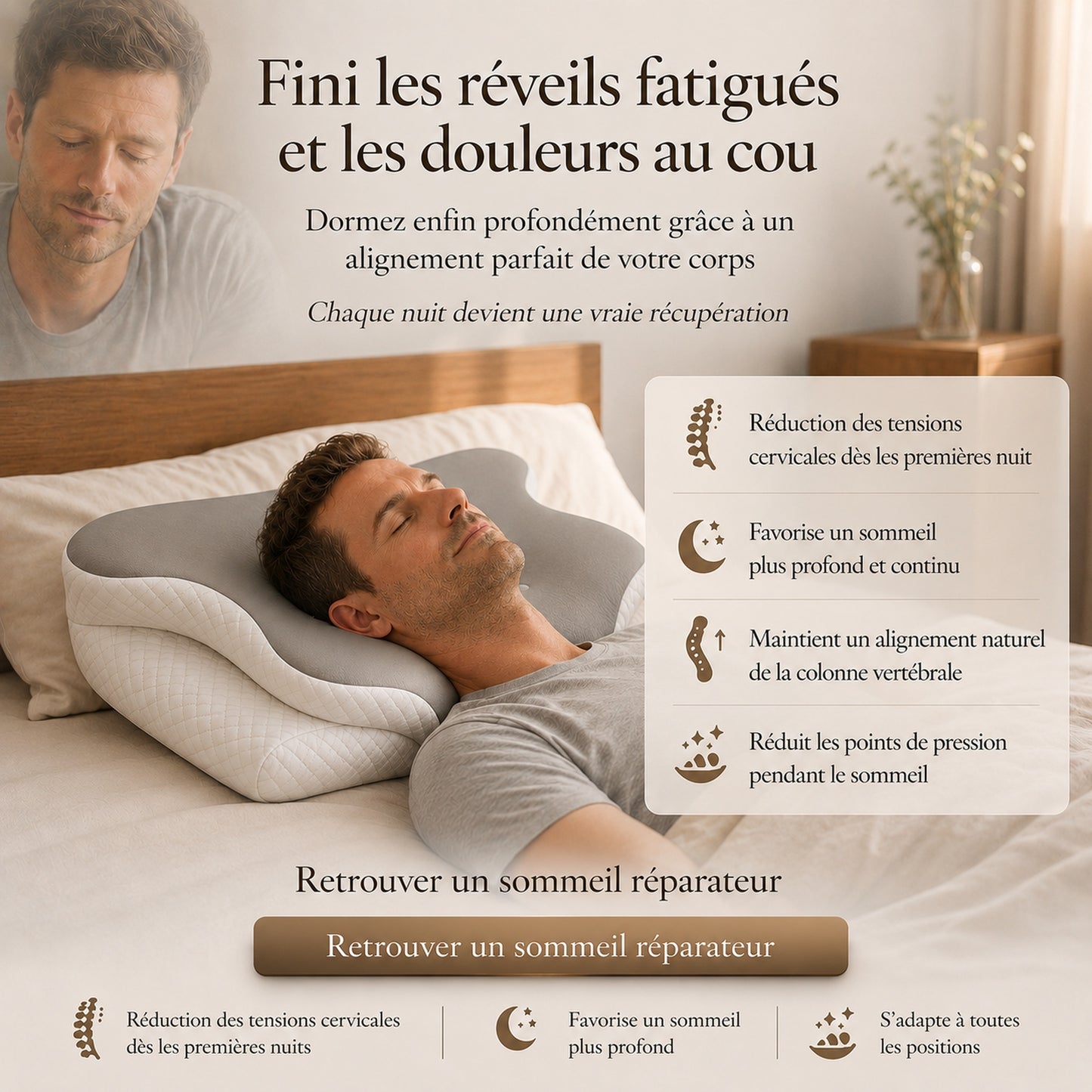 Oreiller ergonomique pour les personnes qui veulent enfin dormir sans douleurs cervicales