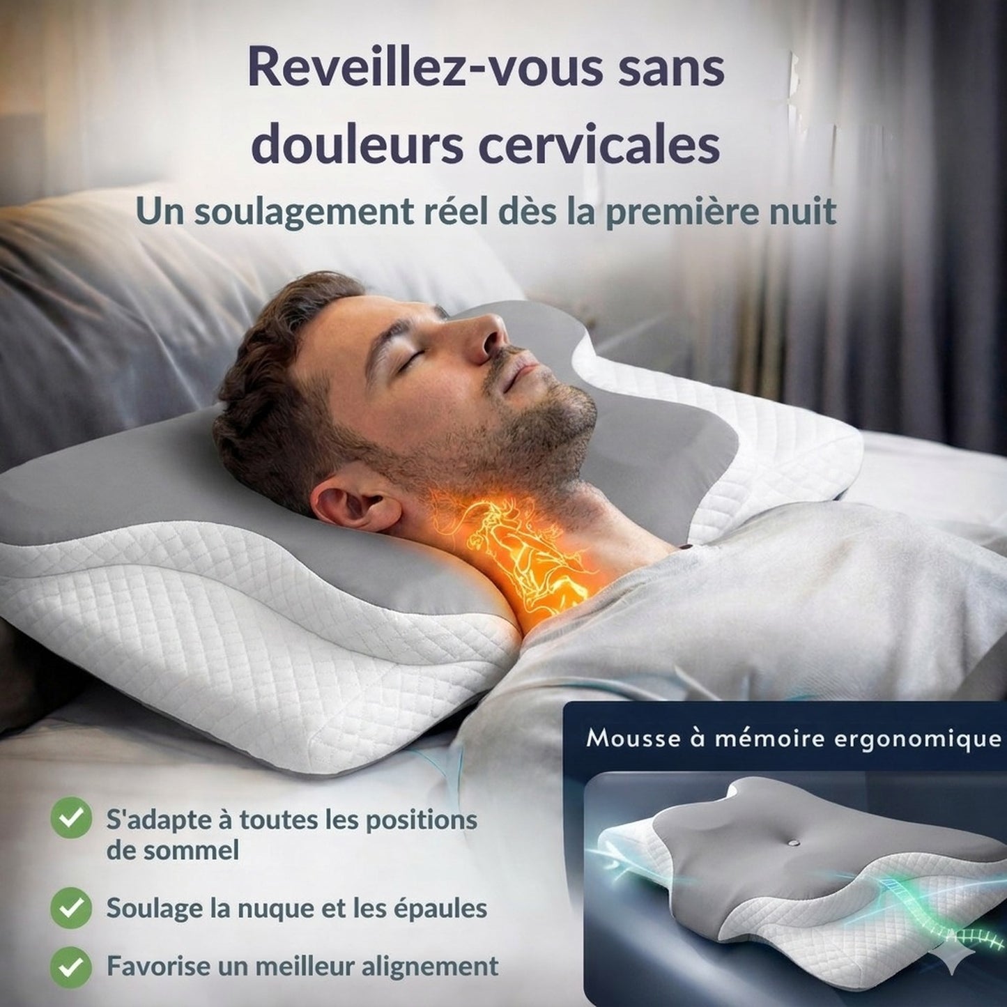 Oreiller ergonomique pour les personnes qui veulent enfin dormir sans douleurs cervicales